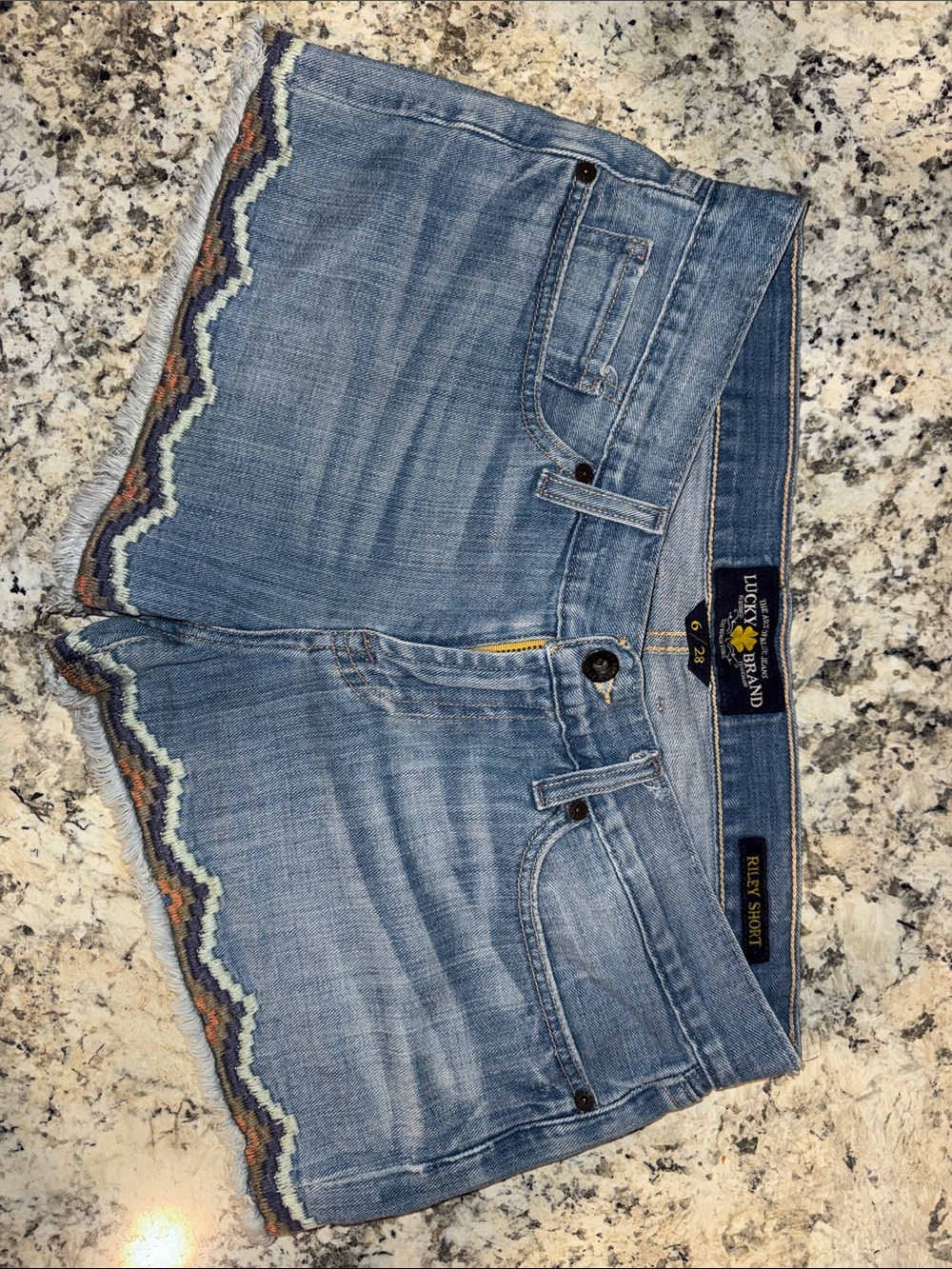 Lucky Brand Light Blue Denim Shorts with Scalloped Multi-Color Embroidery